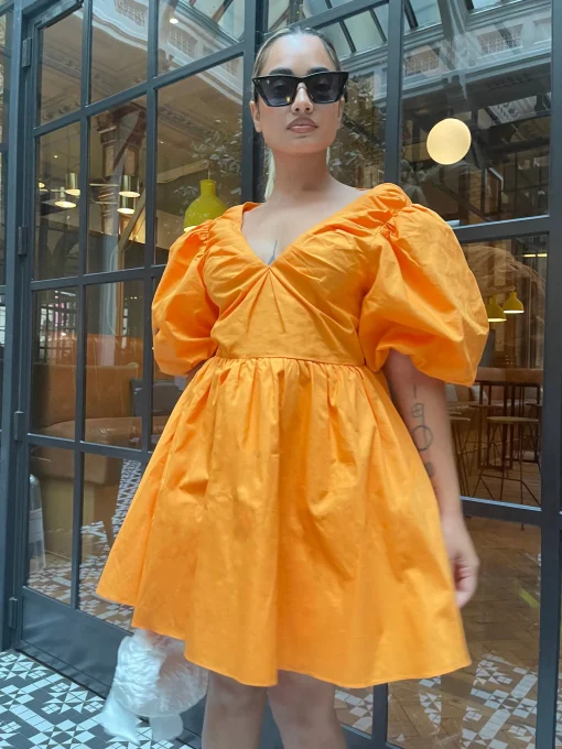 Glamorous Graduation|Best Dressed Guest|Bright-Orange Puff-Sleeve Skater Mini-Dress -