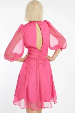 Glamorous Best Dressed Guest|Go To Partywear|Bright-Pink Gathered Plunge Puff Sleeve Mini-Dress -