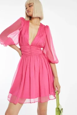 Glamorous Best Dressed Guest|Go To Partywear|Bright-Pink Gathered Plunge Puff Sleeve Mini-Dress -