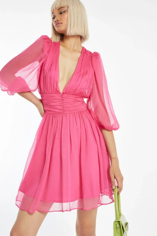 Glamorous Best Dressed Guest|Go To Partywear|Bright-Pink Gathered Plunge Puff Sleeve Mini-Dress -