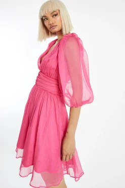 Glamorous Best Dressed Guest|Go To Partywear|Bright-Pink Gathered Plunge Puff Sleeve Mini-Dress -