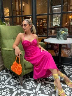 Glamorous Graduation|Best Dressed Guest|Bright-Pink Gathered-Bust Halterneck Midaxi-Dress -