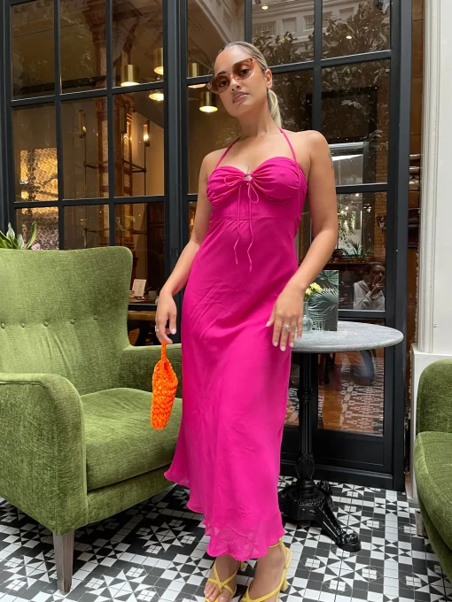 Glamorous Graduation|Best Dressed Guest|Bright-Pink Gathered-Bust Halterneck Midaxi-Dress -