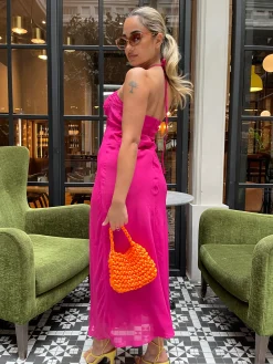 Glamorous Graduation|Best Dressed Guest|Bright-Pink Gathered-Bust Halterneck Midaxi-Dress -