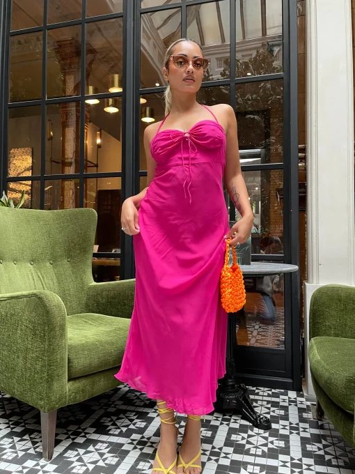 Glamorous Graduation|Best Dressed Guest|Bright-Pink Gathered-Bust Halterneck Midaxi-Dress -