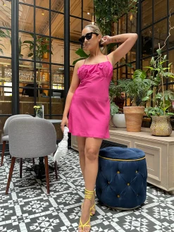 Glamorous Graduation|Chic Escapes|Bright-Pink Gathered-Bust Mini-Dress -