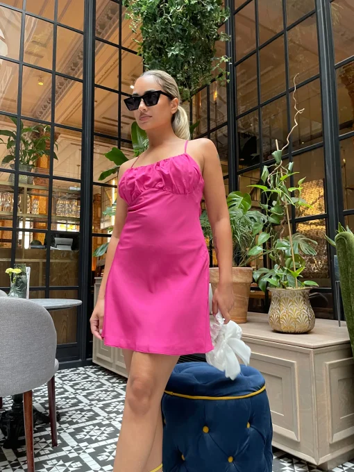 Glamorous Graduation|Chic Escapes|Bright-Pink Gathered-Bust Mini-Dress -