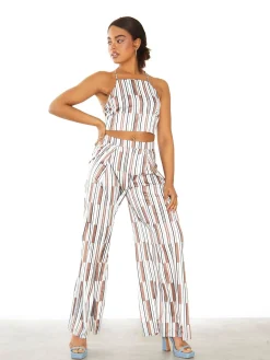 Glamorous Crops, Corsets & Bodysuits|Brown Blue Stripe Tie Back Crop Top -
