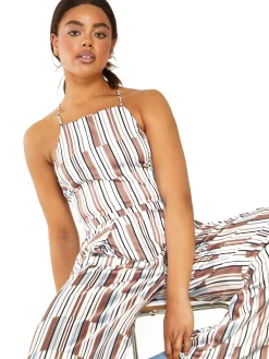 Glamorous Crops, Corsets & Bodysuits|Brown Blue Stripe Tie Back Crop Top -