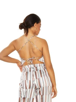 Glamorous Crops, Corsets & Bodysuits|Brown Blue Stripe Tie Back Crop Top -