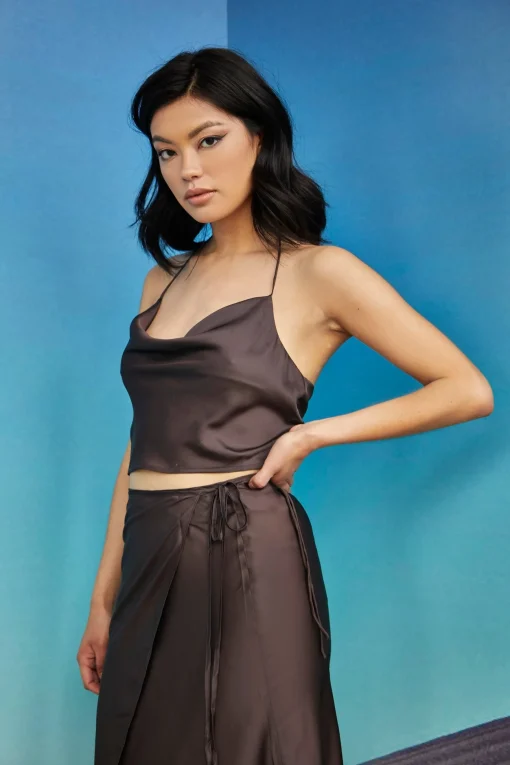 Glamorous Tops & T-shirts|Brown Cowl-Neck Crop-Top -