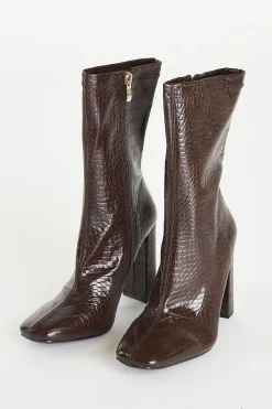Glamorous Heels|Brown Croc Calf High Heeled Boot -