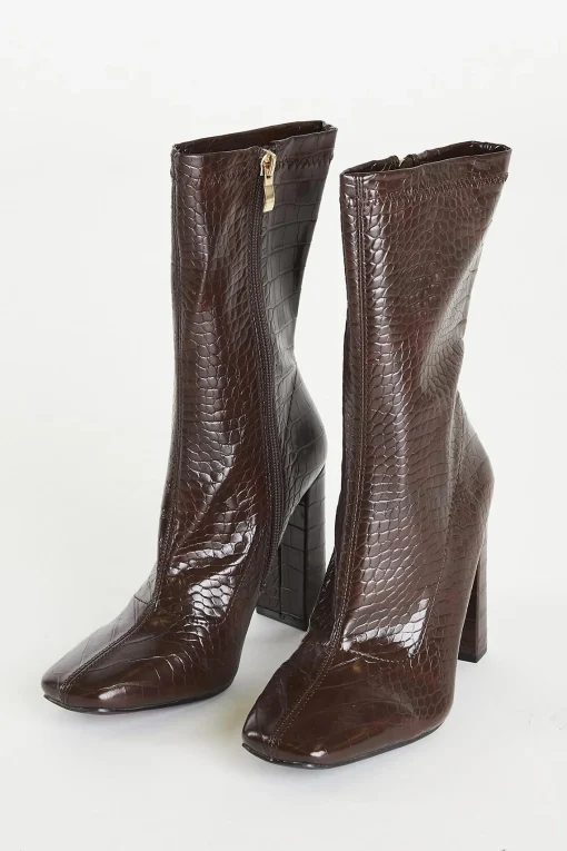 Glamorous Heels|Brown Croc Calf High Heeled Boot -