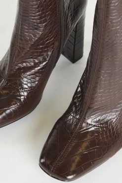Glamorous Heels|Brown Croc Calf High Heeled Boot -