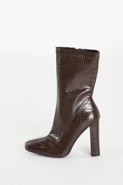 Glamorous Heels|Brown Croc Calf High Heeled Boot -