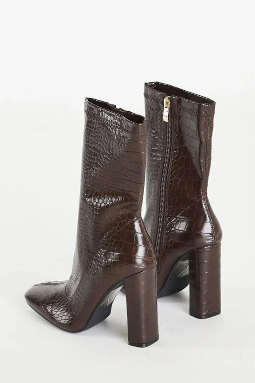 Glamorous Heels|Brown Croc Calf High Heeled Boot -