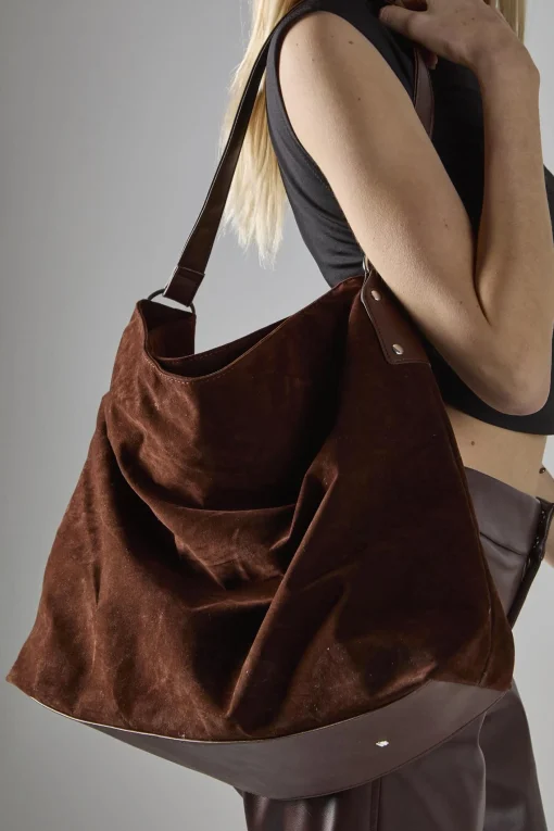 Glamorous Tote Bags|Brown Faux Suede Tote-Bag -