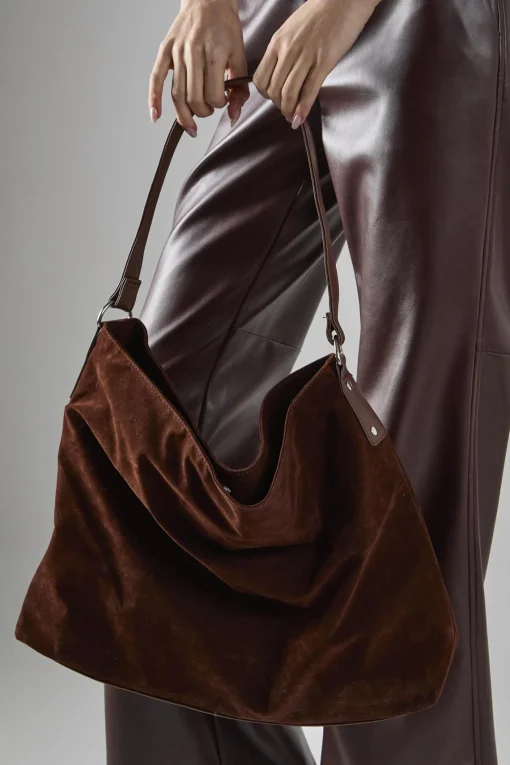 Glamorous Tote Bags|Brown Faux Suede Tote-Bag -