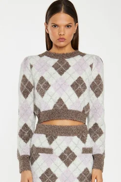 Glamorous Workwear|Go To Partywear|Brown Multi-Argyle Glitter Knit Crop-Jumper -