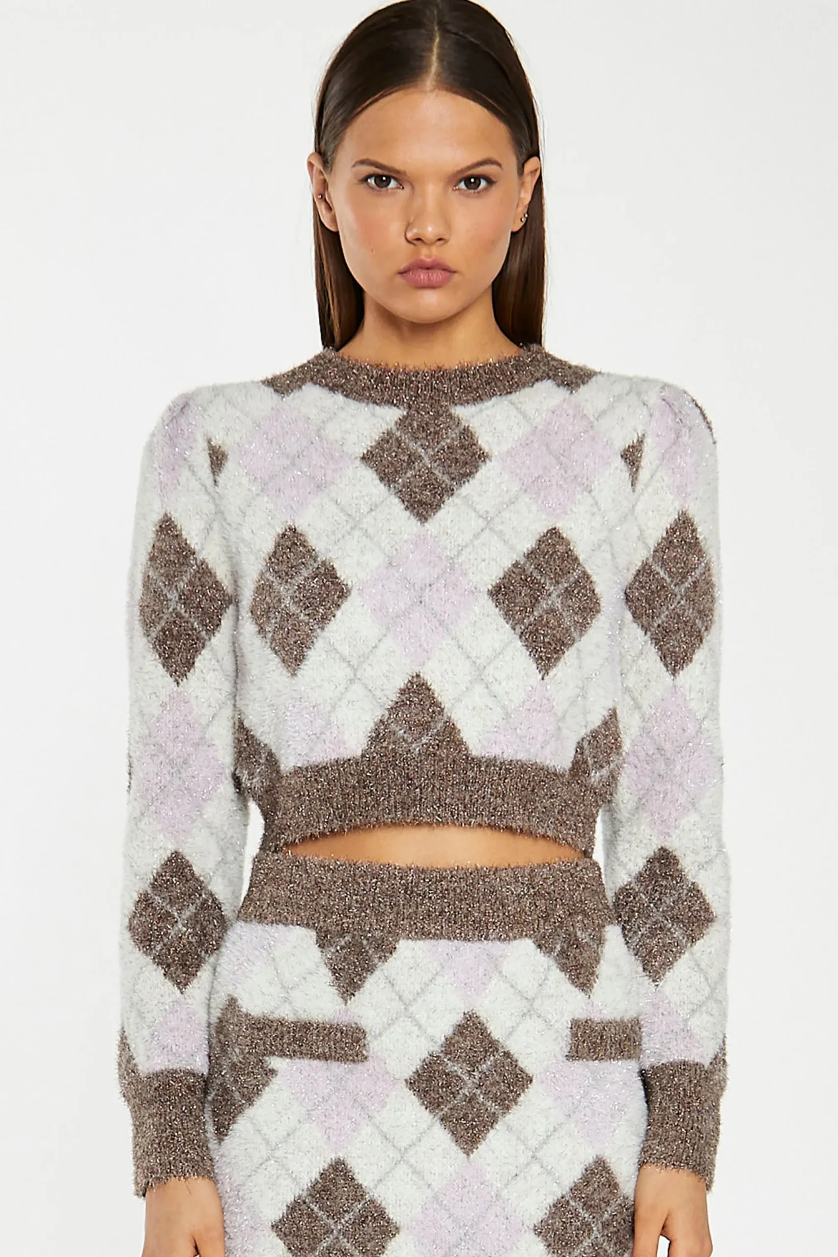 Glamorous Workwear|Go To Partywear|Brown Multi-Argyle Glitter Knit Crop-Jumper -