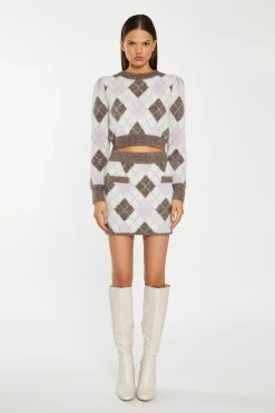 Glamorous Workwear|Go To Partywear|Brown Multi-Argyle Glitter Knit Crop-Jumper -
