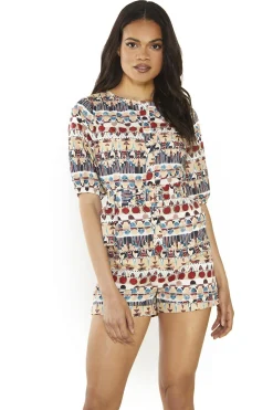 Glamorous Playsuits|Brown Multi-Tribal Belted Playsuit -