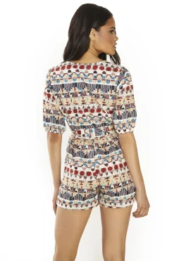 Glamorous Playsuits|Brown Multi-Tribal Belted Playsuit -