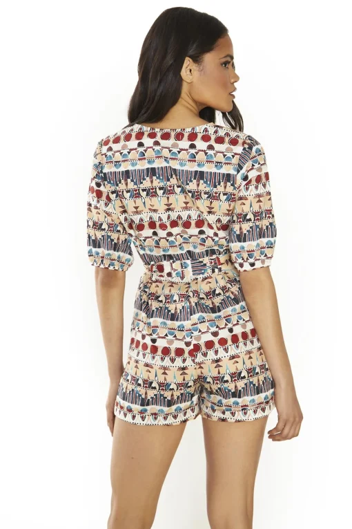 Glamorous Playsuits|Brown Multi-Tribal Belted Playsuit -