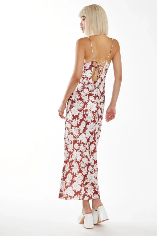 Glamorous Best Dressed Guest|Chic Escapes|Brown Resort-Floral Cowl-Neck Strappy Midi-dress -