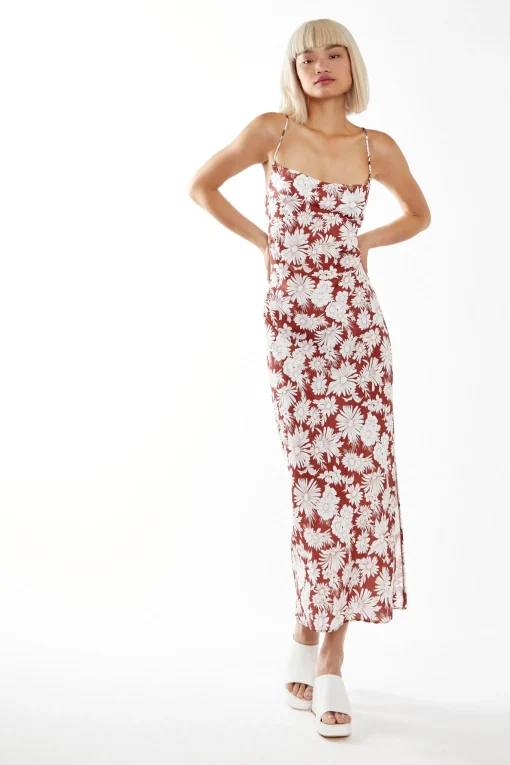 Glamorous Best Dressed Guest|Chic Escapes|Brown Resort-Floral Cowl-Neck Strappy Midi-dress -
