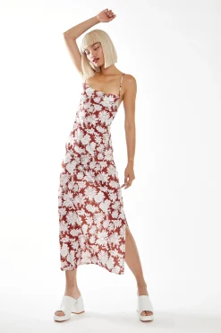 Glamorous Best Dressed Guest|Chic Escapes|Brown Resort-Floral Cowl-Neck Strappy Midi-dress -