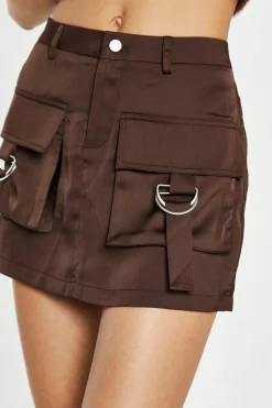 Glamorous Going Out Skirts|Satin Skirts|Brown Satin Cargo Mini-Skirt -