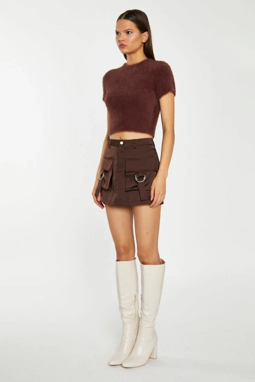 Glamorous Going Out Skirts|Satin Skirts|Brown Satin Cargo Mini-Skirt -