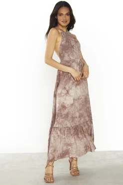 Glamorous Day Dresses|Maxi Dresses|Brown Tie-Dye Halter-Neck Maxi-Dress -