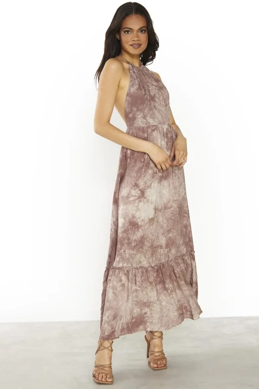 Glamorous Day Dresses|Maxi Dresses|Brown Tie-Dye Halter-Neck Maxi-Dress -