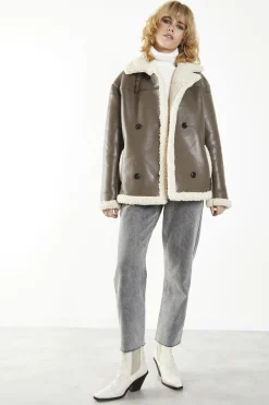 Glamorous Faux Fur & Leather|Coats|Brown-Cream Double-Breasted Fur-Trim Coat -