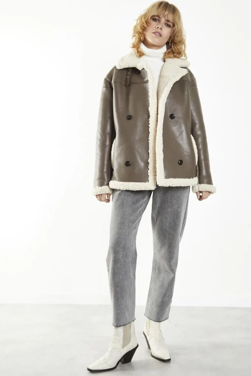 Glamorous Faux Fur & Leather|Coats|Brown-Cream Double-Breasted Fur-Trim Coat -