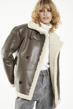 Glamorous Faux Fur & Leather|Coats|Brown-Cream Double-Breasted Fur-Trim Coat -