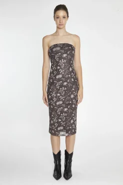 Glamorous Day Dresses|Midi & Midaxi Dresses|Brown-Floral Mesh Bandeau Midi-Dress -