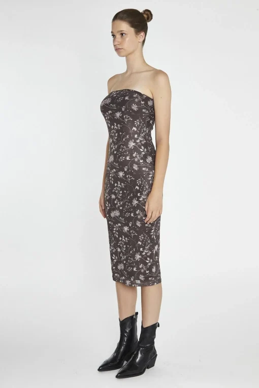 Glamorous Day Dresses|Midi & Midaxi Dresses|Brown-Floral Mesh Bandeau Midi-Dress -