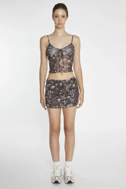 Glamorous Mini Skirts|Brown-Floral Mesh Bodycon Mini-Skirt -