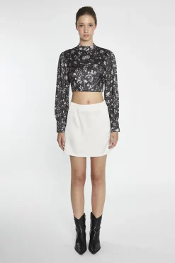 Glamorous Going Out Tops|Crops, Corsets & Bodysuits|Brown-Floral Tie-Back High-Neck Crop-Top -