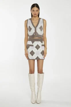 Glamorous Co-ords|Knitted Co-ords|Brown-Multi Argyle Button-Through Knit -Vest -