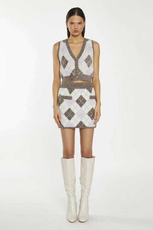 Glamorous Co-ords|Knitted Co-ords|Brown-Multi Argyle Button-Through Knit -Vest -