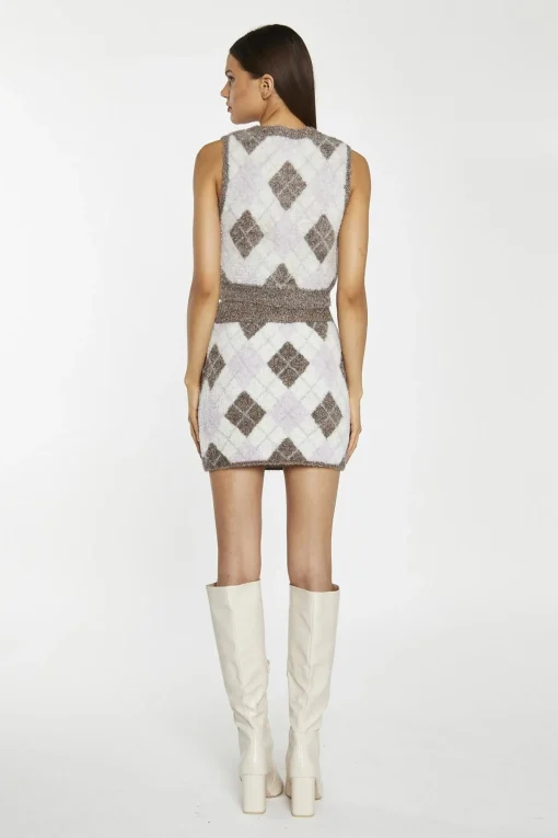 Glamorous Co-ords|Knitted Co-ords|Brown-Multi Argyle Button-Through Knit -Vest -