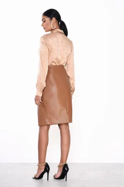 Glamorous Going Out Skirts|Midi & Midaxi Skirts|Brown-Pu Side-Split Midi-Skirt -