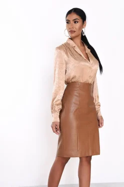 Glamorous Going Out Skirts|Midi & Midaxi Skirts|Brown-Pu Side-Split Midi-Skirt -