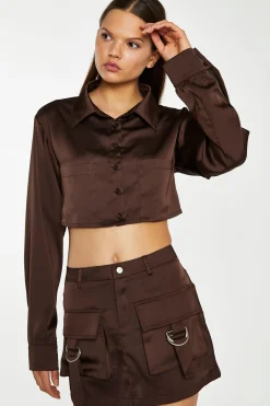 Glamorous Crops, Corsets & Bodysuits|Brown-Satin Open-Back Crop-Shirt -