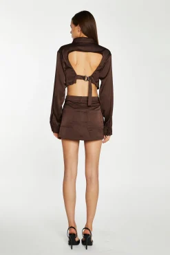 Glamorous Crops, Corsets & Bodysuits|Brown-Satin Open-Back Crop-Shirt -
