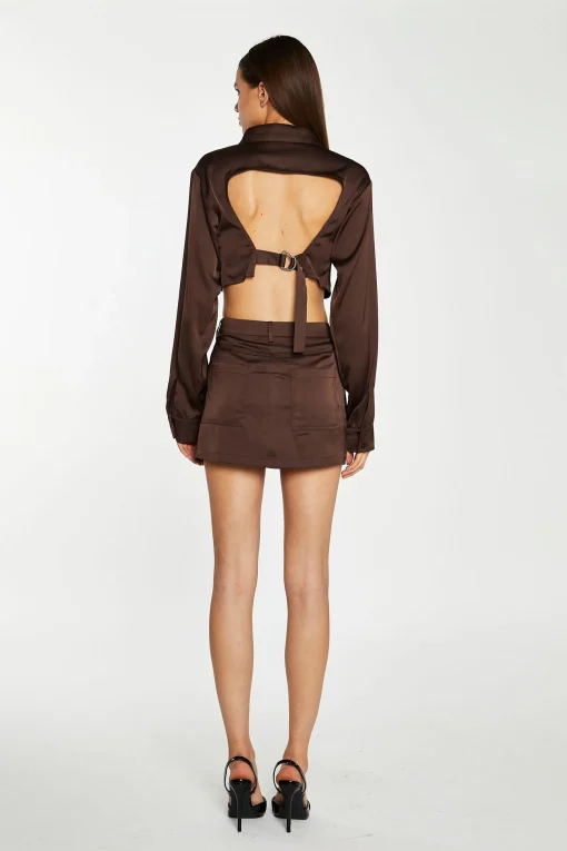 Glamorous Crops, Corsets & Bodysuits|Brown-Satin Open-Back Crop-Shirt -